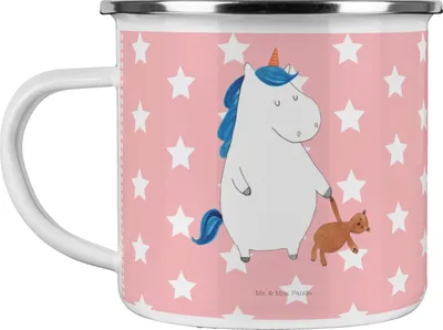Produktbild von Mr. & Mrs. Panda Emaille Tasse Einhorn Teddy - Rot Pastell - Geschenk, Einhörner, Gute Nacht, wandertasse, Freundin, Haferl, Bett, Unicorn, schlafen, becher, Teetasse