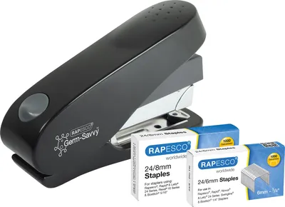 Produktbild von Rapesco 1466, 50 Blätter, Schwarz, Standard-Clinch, Kunststoff, Stahl, 80 g/m², Druckknopf