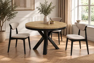 Produktbild von Runder Ausziehbarer Esstisch im Loft-Stil - Industrieller Tisch mit Schwarzen Metallbeinen - Platzsparender Tisch für Wohnzimmer - Eiche Hellbraun - 120 bis 200 cm