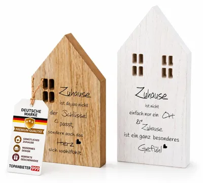 Produktbild von Dekoaufsteller Zuhause Holz 2er Set Haus Deko 20/25 cm Haus Deko Tischdeko Wohnzimmer Schriftzug Natur Weiß