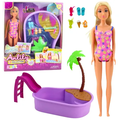 Productafbeelding van Anlily poppenset op het strandzwembad Palmboomaccessoires 8-delig.