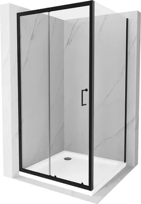 Produktbild von Mexen Apia ausziehbare Duschabtrennung 100 x 100 cm, Transparent, Schwarz + Duschwanne Flat, Weiß- 840-100-100-70-00-4010B