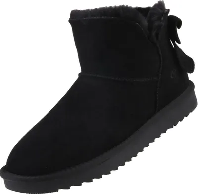 A black winter boot with a bow on the back, shown from the side on a white background.