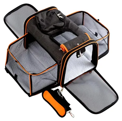 Produktbild von Transporttasche für Katzen und Hunde bis 6 kg, Faltbare und Erweiterbare Katzentransportbox mit Verstellbarem Schultergurt und Abnehmbarer Wollmatte