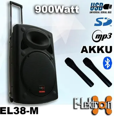 Produktbild von E-Lektron EL38-M 900W mobile PA Sound Anlage Akku-MP3-USB-SD-Bluetooth inkl. Funkmikrofone Soundsystem - EL815860
