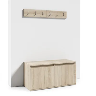 Produktbild von Schuhschrank 100 cm "Modulo" mit Wandhaken, Sitzbank, Flurmöbel, Eiche Sonoma, moderne Schuhaufbewahrung, 2 Kleiderhaken