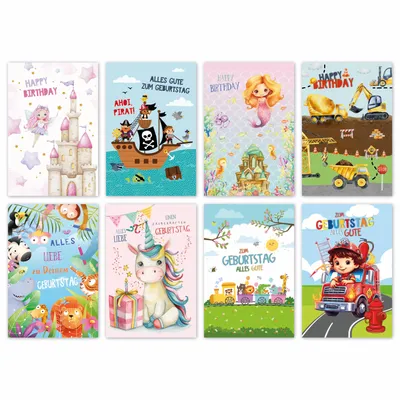 Produktbild von 100 Glückwunschkarten mit Umschlägen, Sortiment, Kindergeburtstag 8 Motive, 150,00€