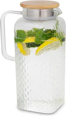 Productafbeelding van Bamboe waterfles met deksel - 2-liter glazen fles voor waterfiltratie, gemaakt van borosilicaatglas