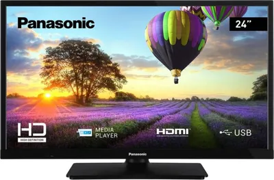 A Panasonic TV displaying a scenic image of hot air balloons over a lavender field at sunset.