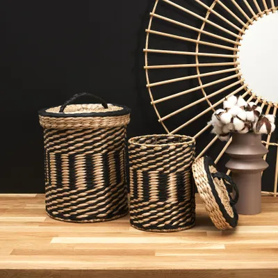 Image de Lot de 2 Paniers - HOME DECO FACTORY - Tressés - Avec couvercle - Marron et noir