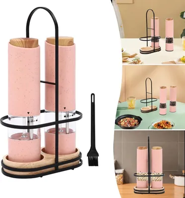 Produktbild von Elektrische Salz- und Pfeffermühlen - 2er-Set mit Ständer - Stufenlos einstellbar - Keramikmahlwerk - 40 g Füllmenge - 5,2×20,5 cm - Rosa