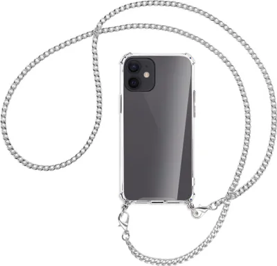 Produktbild von Handykette Backcover-Schutzhülle mit Band (Metall silberfarben) für Apple iPhone 12 Mini - silberfarbene Kette