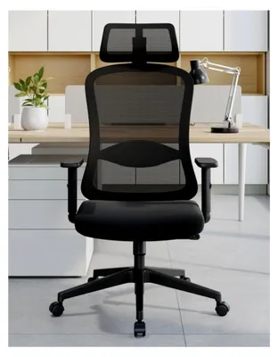 Produktbild von Ergonomischer Bürostuhl mit Schaumstoff-Lendenkissen, Drehstuhl mit verstellbaren 2D Kopfstützen und Armlehnen, Chefsessel bis 150 kg (Schwarz)