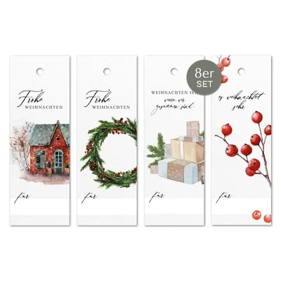 Produktbild von NORDEULE® Geschenkanhänger Weihnachten 8 STÜCK mit Aquarellmotiv & Namenszeile | ideal für Weihnachtsgeschenke Wichteln Adventskalender Mitbringsel