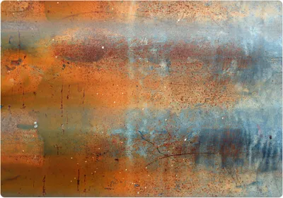 A close-up textured background of rusted and weathered metal with streaks of blue and orange.