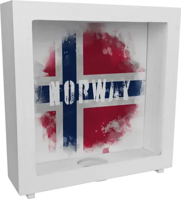 Produktbild von Rahmen Spardose aus Holz mit Norwegen-Flagge im Used Look - Sparschwein für