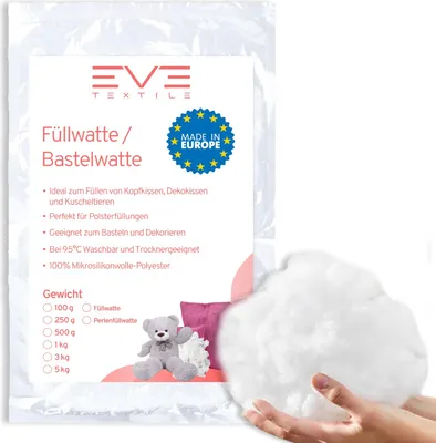 Produktbild von Eve Textile® Füllwatte 500 Gramm Weiche Polyester-Füllung für Kissen, Kuscheltiere & DIY-Projekte, Formstabil Waschbar & Hypoallergen Trocknergeeignet