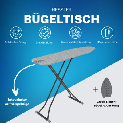 Produktbild von Heßler Bügelbrett Bügeltisch höhenverstellbar mit Silikonpad und Aufhängebügel  110x66-83x33 (Patterned)