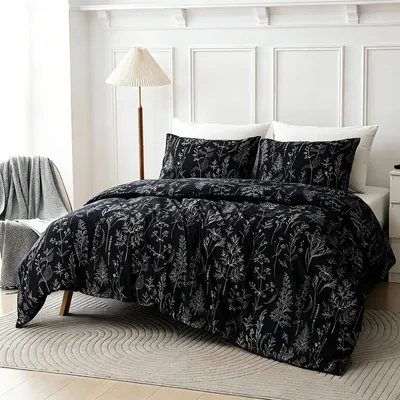Immagine prodotto di Set di lenzuola 200x220 cm, 3 pezzi, in microfibra, motivo botanico, colore nero