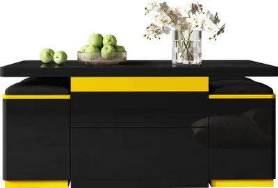 Image de Fortuna Lai Table basse moderne noire brillante, table d'appoint élégante, table basse multifonctionnelle et réglable en hauteur, table à manger pliante/meuble de salon, 100 x 50 x 43 cm (L x l x H)