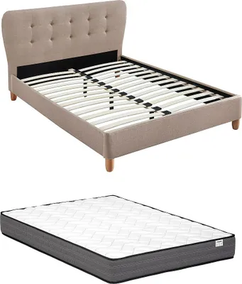 Produktbild von Bett 140 × 190 cm mit gestepptem Kopfteil - Stoff - Beige + Matratze - ELIDE