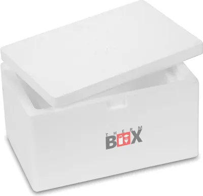 A white styrofoam insulated box with its lid slightly ajar.