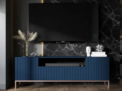 Zdjęcie produktu dla Nowoczesna Komoda RTV Glamour Szafka RTV Glamour Granatowy Mat 150 cm Metalowa Rama