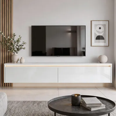 Produktbild von Modernes TV-Lowboard LUMI 170 cm in Weiß Hochglanz | Hängender Fernsehschrank mit LED-Beleuchtung & Push-to-Open