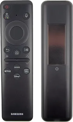 Two views of a black Samsung remote control are shown side-by-side against a white background.