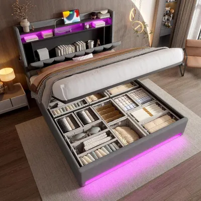 Produktbild von Polsterbett 140x200cm mit LED-Beleuchtung, USB- und Type-C-Anschluss, Stauraum im Kopfteil und Bettkasten, Samtbezug in Grau