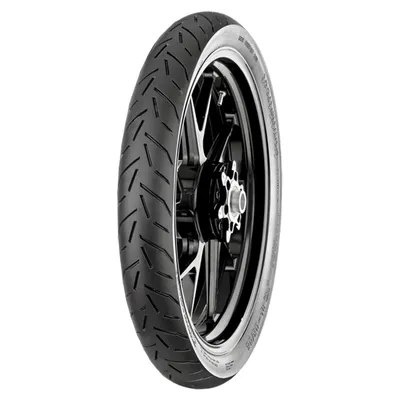 A close-up studio shot of a motorcycle tire mounted on a black and silver rim, presented against a plain white background.