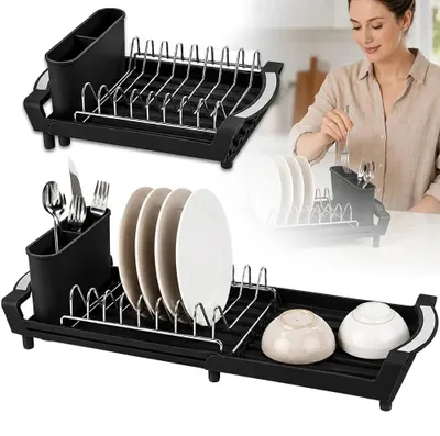 Image de Support égouttoir extensible pour plan de travail de cuisine, en acier inoxydable, avec taille réglable, porte-couverts, pour assiettes, bols et casseroles