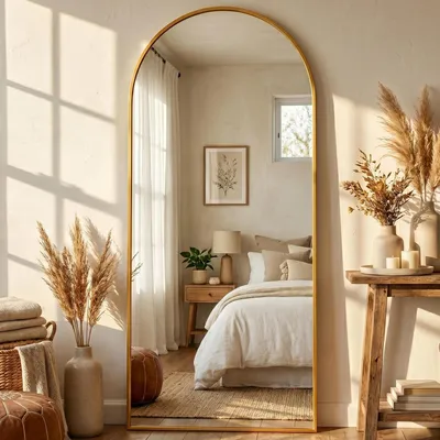 Image de Miroir mural pleine longueur, forme arquée, dimensions 193x86 cm, cadre en aluminium, verre HD, finition dorée