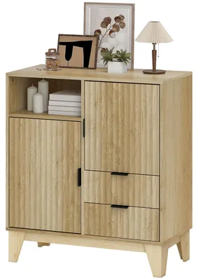 Produktbild von Wohnzimmer-Sideboard, Aufbewahrungsm?bel, 2 Tš¹ren, 2 Schubladen, verstellbarer Einlegeboden, offenes Fach, 80 x 40 x 90 cm, Naturholz