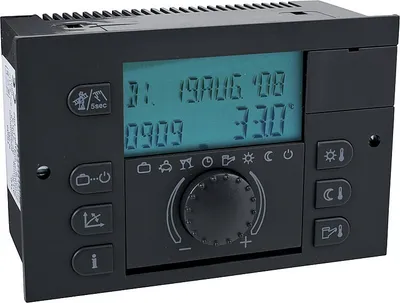 A black electronic control panel with a digital display and various buttons and a dial.