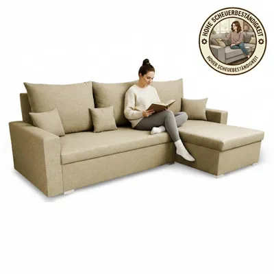 Produktbild von KomfortWelt24 Ecksofa mit Schlaffunktion und praktischem Bettkasten - Bequemer Eckcouch 216x134 cm L-Form MONDO Beige