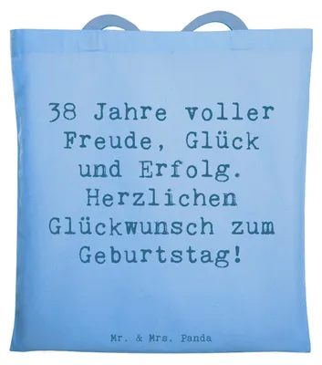 Produktbild von Mr. & Mrs. Panda Tote Bag Spruch 38. Geburtstag Freude - Sky Blue - Geschenk, herzlichen Glückwunsch, Tasche, Happy Birthday, feiern, Meilenstein, canvas, Shopping, Alter