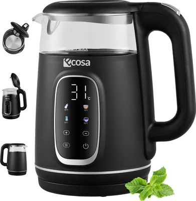 A black electric kettle with a glass top and a digital display showing the temperature, shown with inset images of the kettle and a sprig of mint.