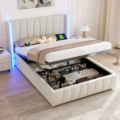 Obrázok produktu pre LVHOM Čalúnená posteľ 140x200 cm, manželská posteľ s LED a USB, hydraulická úložná posteľ s lamelovým roštom, skriňová posteľ, posteľ pre mladých, béžová