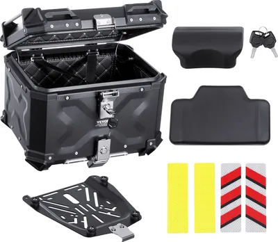 Immagine prodotto di VEVOR bauletto moto bauletto moto 45 L in lega di alluminio con rivestimento in pelle, bauletto moto rimovibile con serratura e imbottitura posteriore, portacasco (435 x 378 x 348 mm) nero