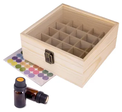 Produktbild von Aufbewahrungsbox aus Holz für ätheische Öle (5-15 ml) mit 25 Fächern.