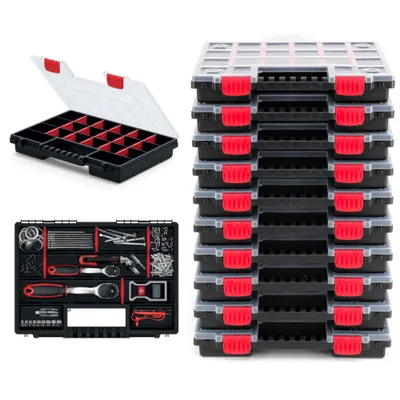 A stack of toolboxes and a single toolbox with its lid open, showing compartments and tools.