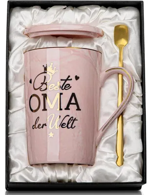 Productafbeelding van Koffiekop van roze marmer met gouden decoratie, 400 ml. Cadeau voor oma