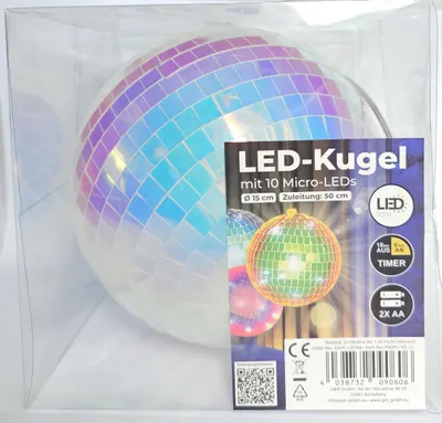 Produktbild von LED Kugel Lichterkette Batterie Discokugel 6 Stunden Timer 15cm weiß irisierend