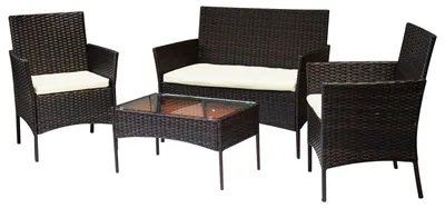 Produktbild von Ikodm Polyrattan Lounge Set 4-teilig Schwarz mit 2 Sesseln, 2-Sitzer Sofa, Glastisch und dicken Kissen