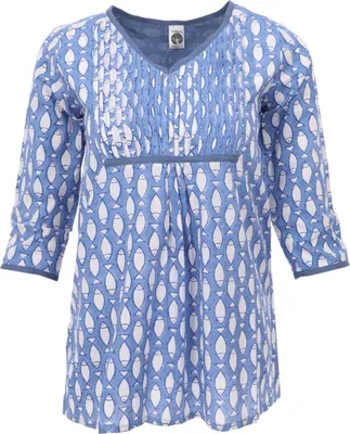 Produktbild von Handbedruckte Bohobluse, Luftige Baumwollbluse - Hellblau, Damen, Baumwolle, Größe: M
