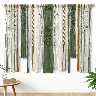 Produktbild von Makramee Wandteppich Wandbehang - 3-teilig - Baumwolle - Grün - Boho Wanddeko 'Groß'