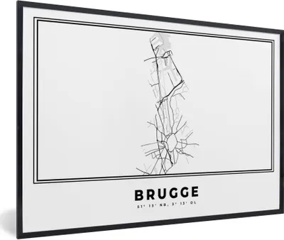 Produktbild von MuchoWow® Gerahmtes Poster Stadtplan - Schwarz und weiß - Karte - Brügge - Belgien - Karte 90x60 cm - Poster mit Schwarzem Bilderrahmen Wandposter Rahmen Foto Bilder - Fotorahmen - Foto-Plakat