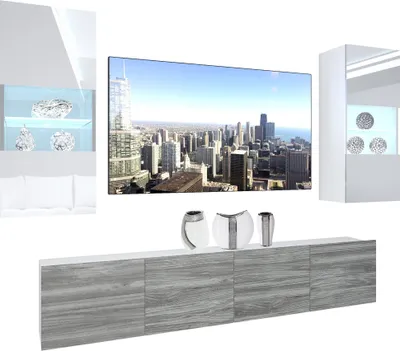 Produktbild von BELINI Wohnwand Vollausstattung Wohnzimmer-Set Moderne Schrankwand mit LED-Beleuchtung Weiß Glänzend Anbauwand TV-Schrank Weiß / Glamourholz Glänzend/Matt