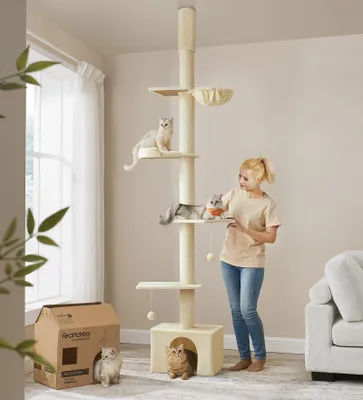 Produktbild von Feandrea Kratzbaum deckenhoch, 231-291 cm höhenverstellbarer xxl, hoher mehrstufiger Katzenkratzbaum, 11 cm dicke Stämme beige